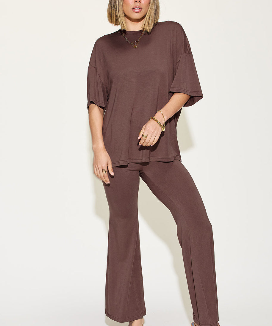 Basic Bae Full Size Bamboo Drop Shoulder T-Shirt and Flare Pants Set