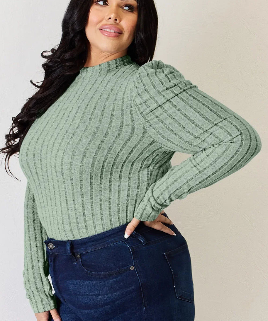 Basic Bae Full Size Ribbed Mock Neck Puff Sleeve T-Shirt