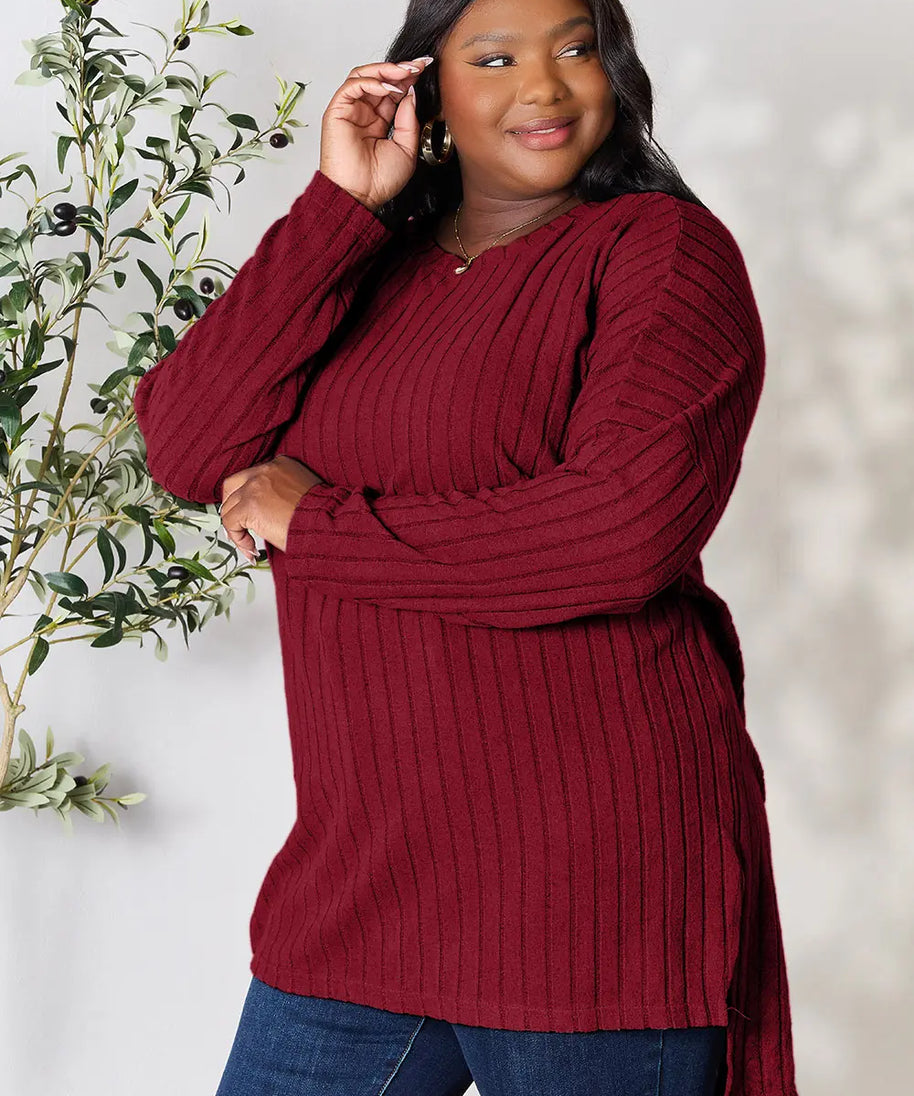 Basic Bae Full Size Ribbed Round Neck Long Sleeve Slit Top