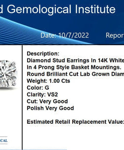 2.00 CTW AGI Certified Lab Grown Diamond (G-VS) Stud Earrings in 14K White or Yellow Gold