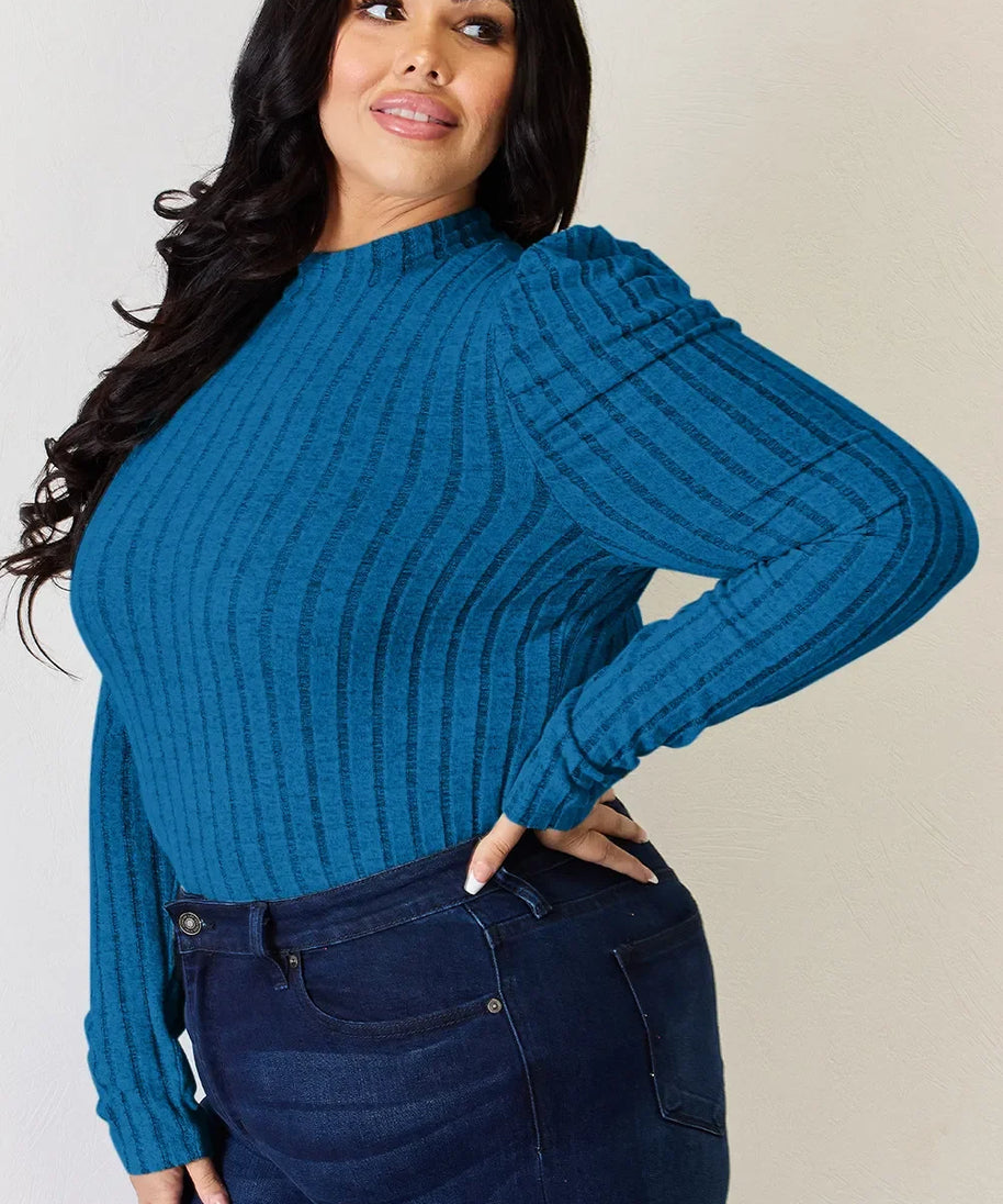 Basic Bae Full Size Ribbed Mock Neck Puff Sleeve T-Shirt