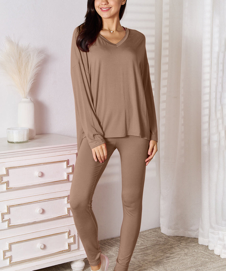 Basic Bae Full Size V-Neck Soft Rayon Long Sleeve Top and Pants Lounge Set