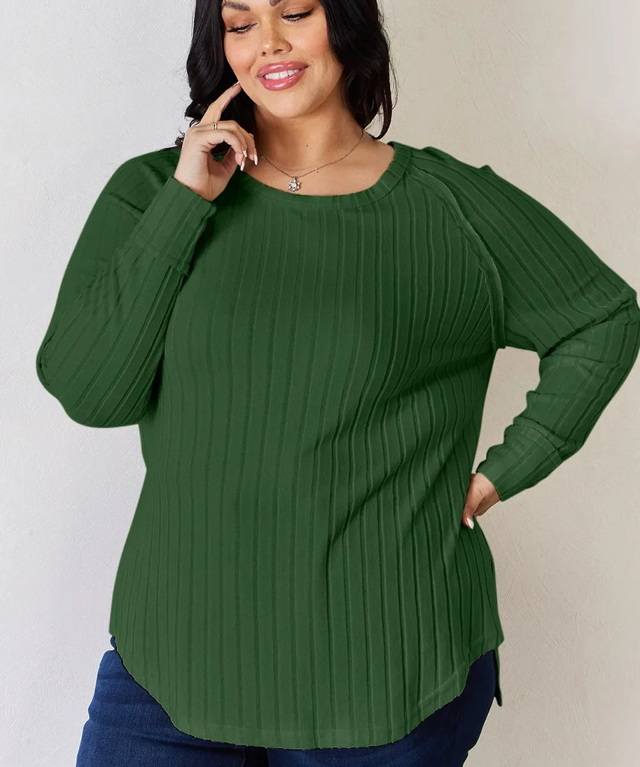 Basic Bae Full Size Ribbed Round Neck Slit T-Shirt