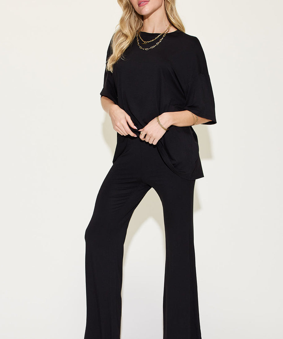 Basic Bae Full Size Bamboo Drop Shoulder T-Shirt and Flare Pants Set