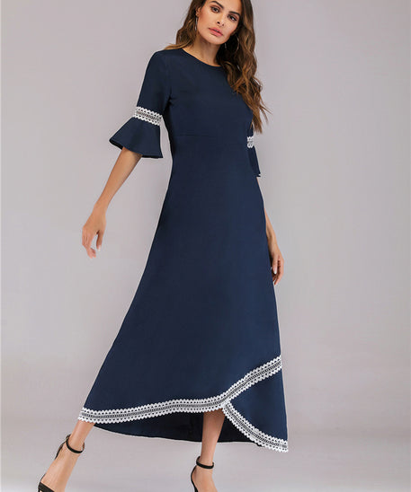 Muslim Long Dress with Lace Trim and Flare Sleeves
