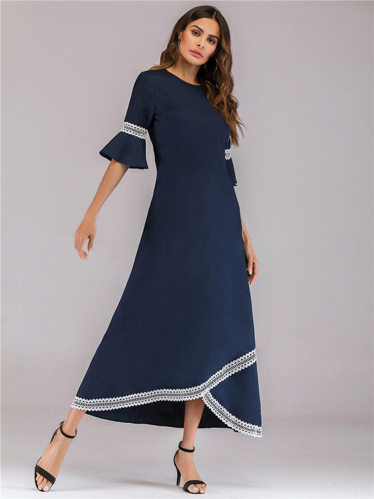 Muslim Long Dress with Lace Trim and Flare Sleeves