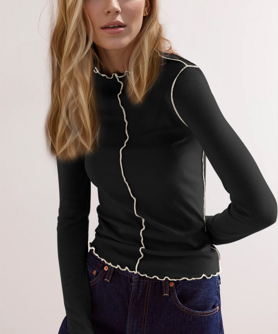 Basic Bae Contrast Trim Mock Neck Long Sleeve T-Shirt