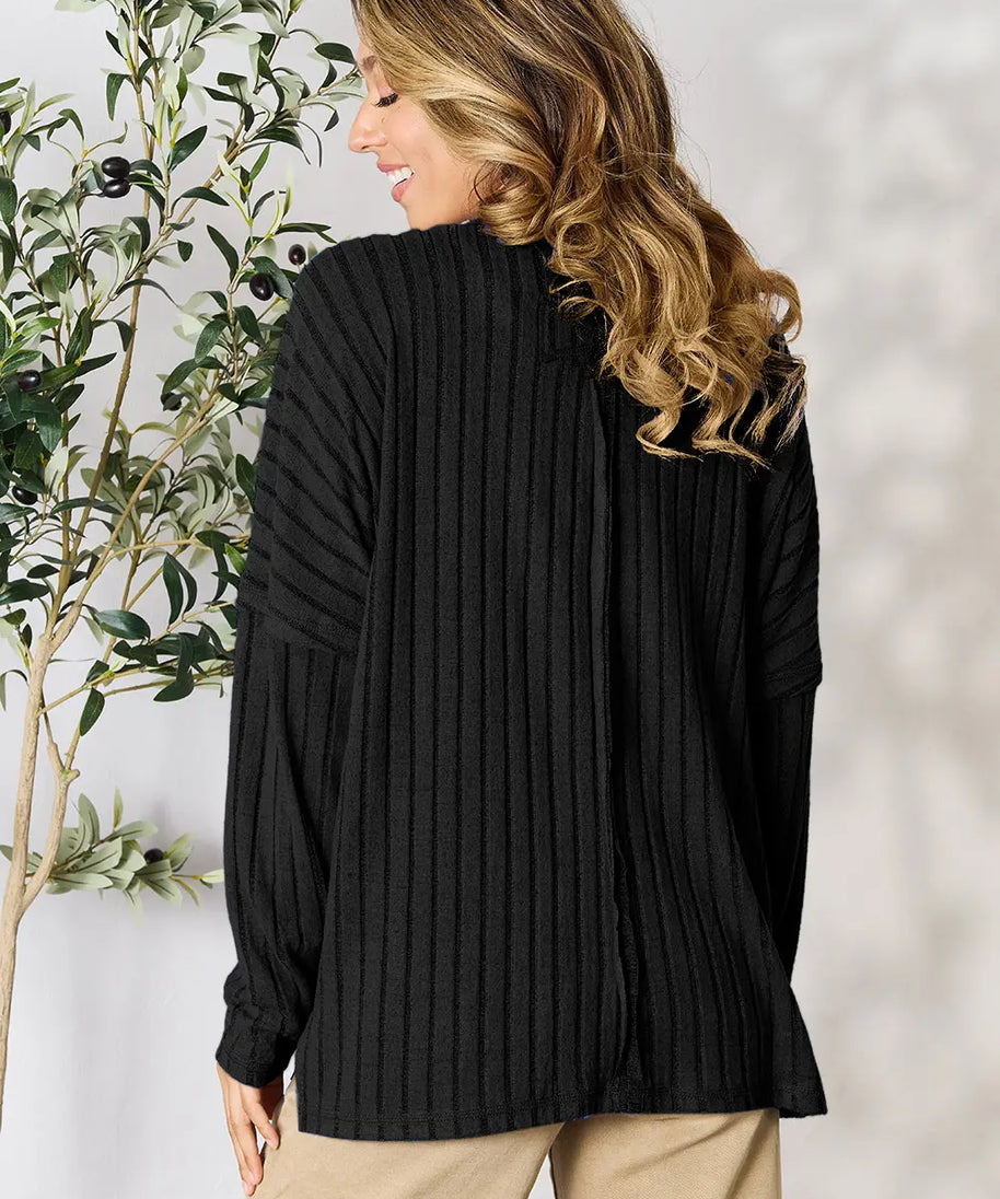 Basic Bae Full Size Ribbed Round Neck Slit Knit Top