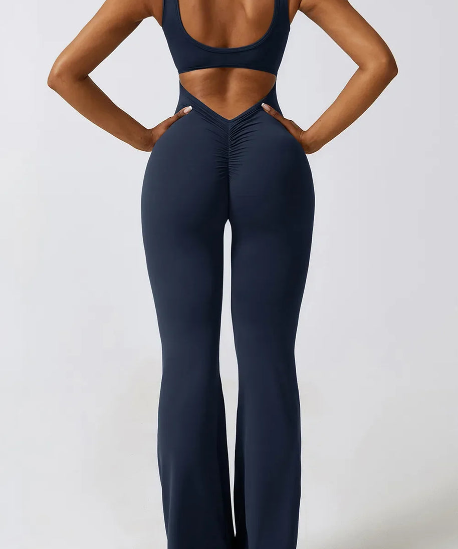 Basic Bae Cutout Ruched Bootcut Sleeveless Active Jumpsuit