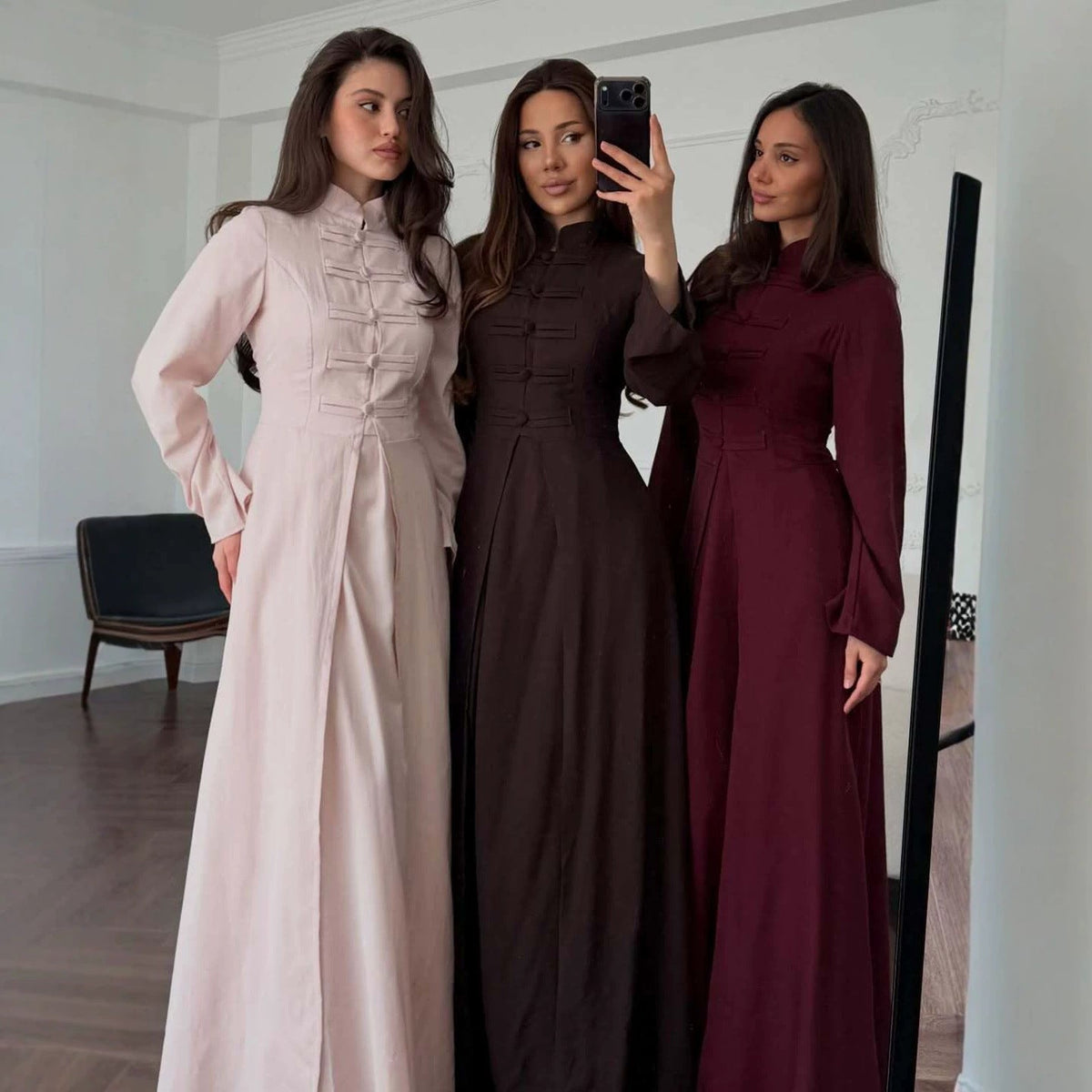 Chinese Frog Button Stand Collar Top & Wide-Leg Maxi Skirt Co-ord Set(MS483)