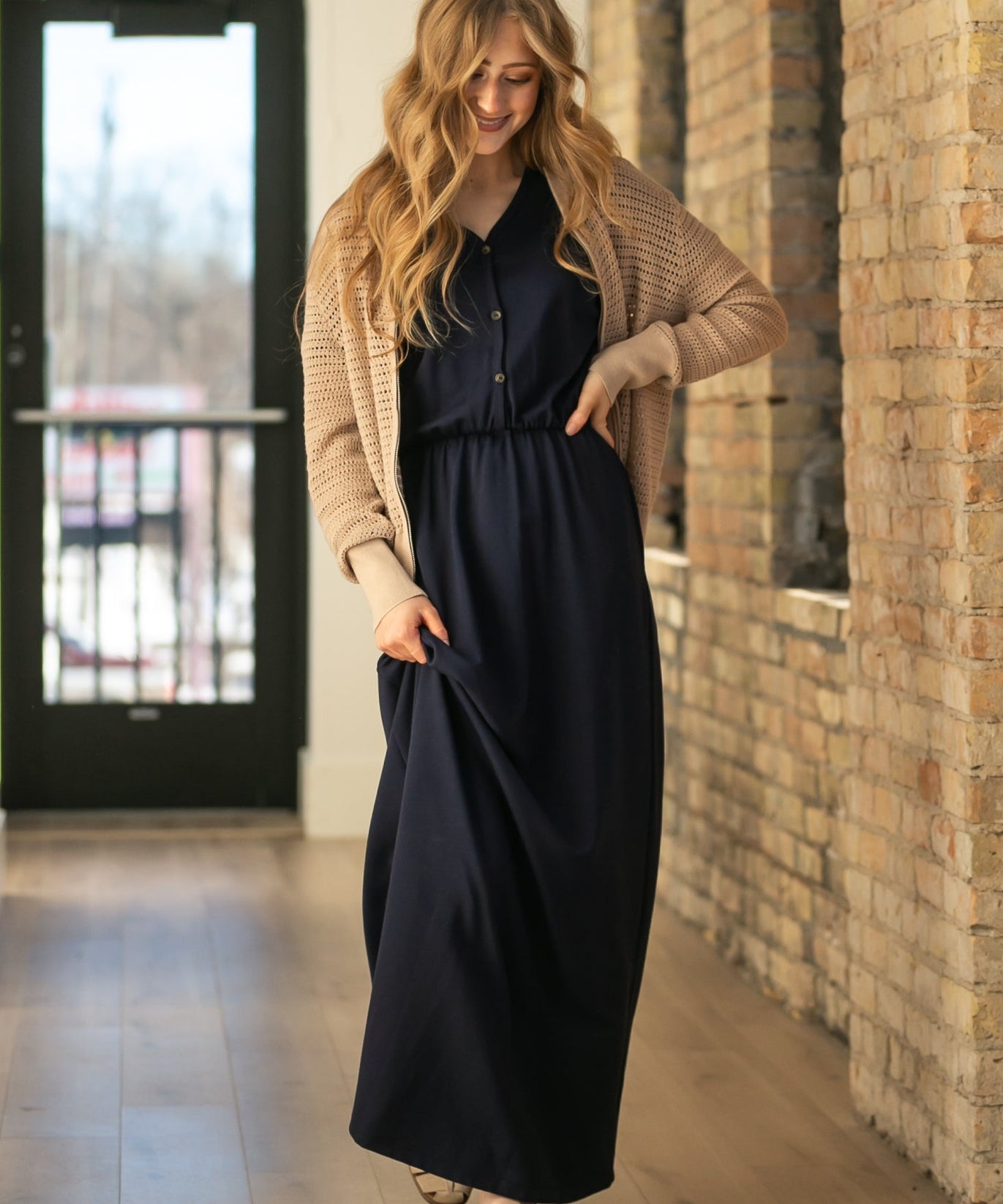 Ella Navy Cinched Waist Maxi Dress