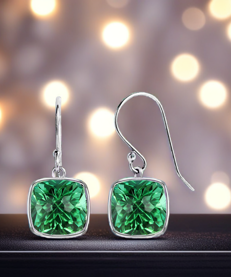 4.50CTW Lab Grown Cushion Cut Emerald Drop Earrings in 925 Sterling Silver - 8mm Square Gems