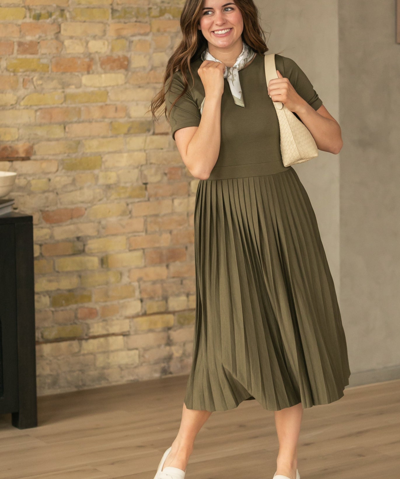 Emersyn Olive Pleated Midi Dress - FINAL SALE