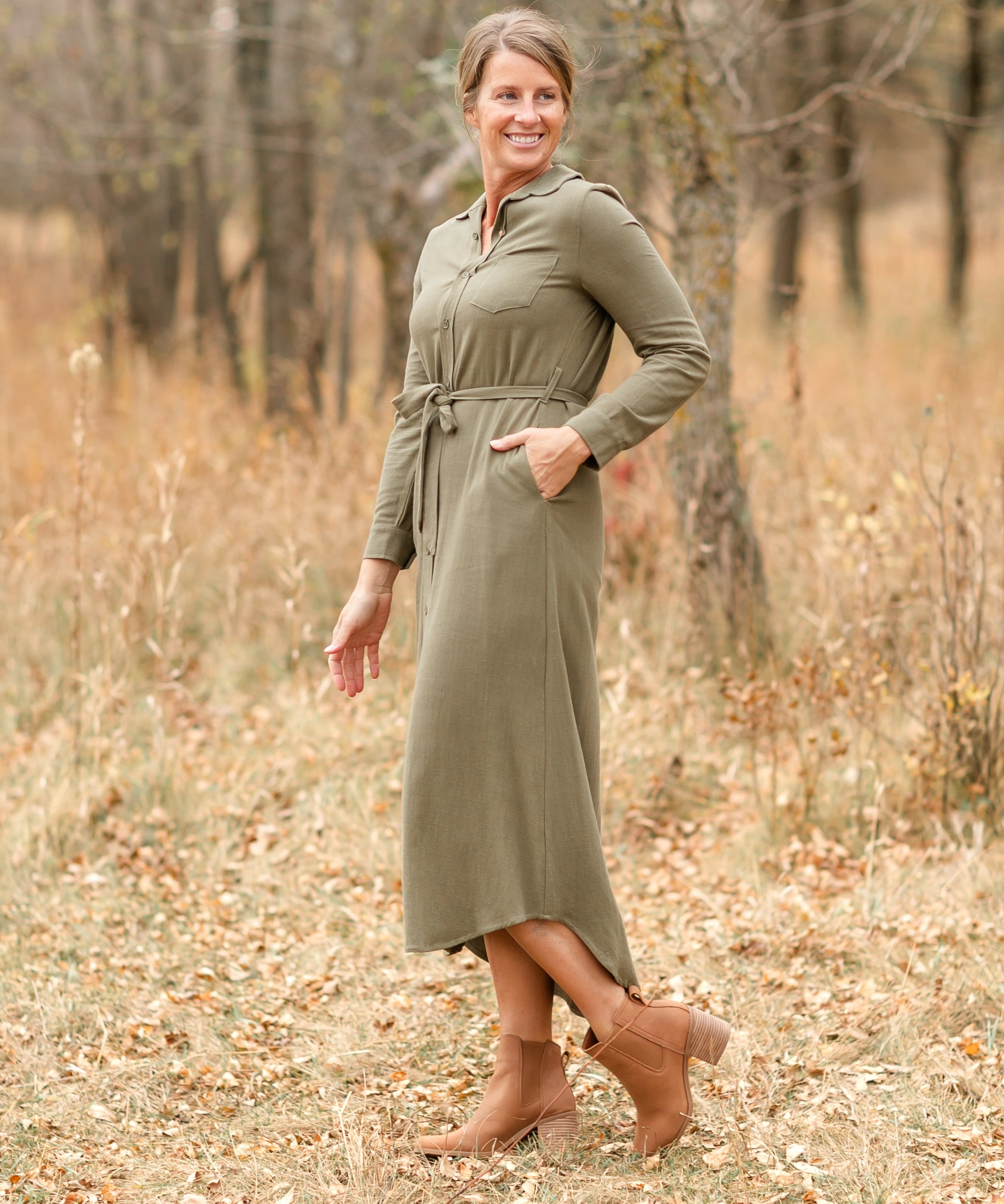 Essential Olive Long Sleeve Linen Shirt Dress - FINAL SALE