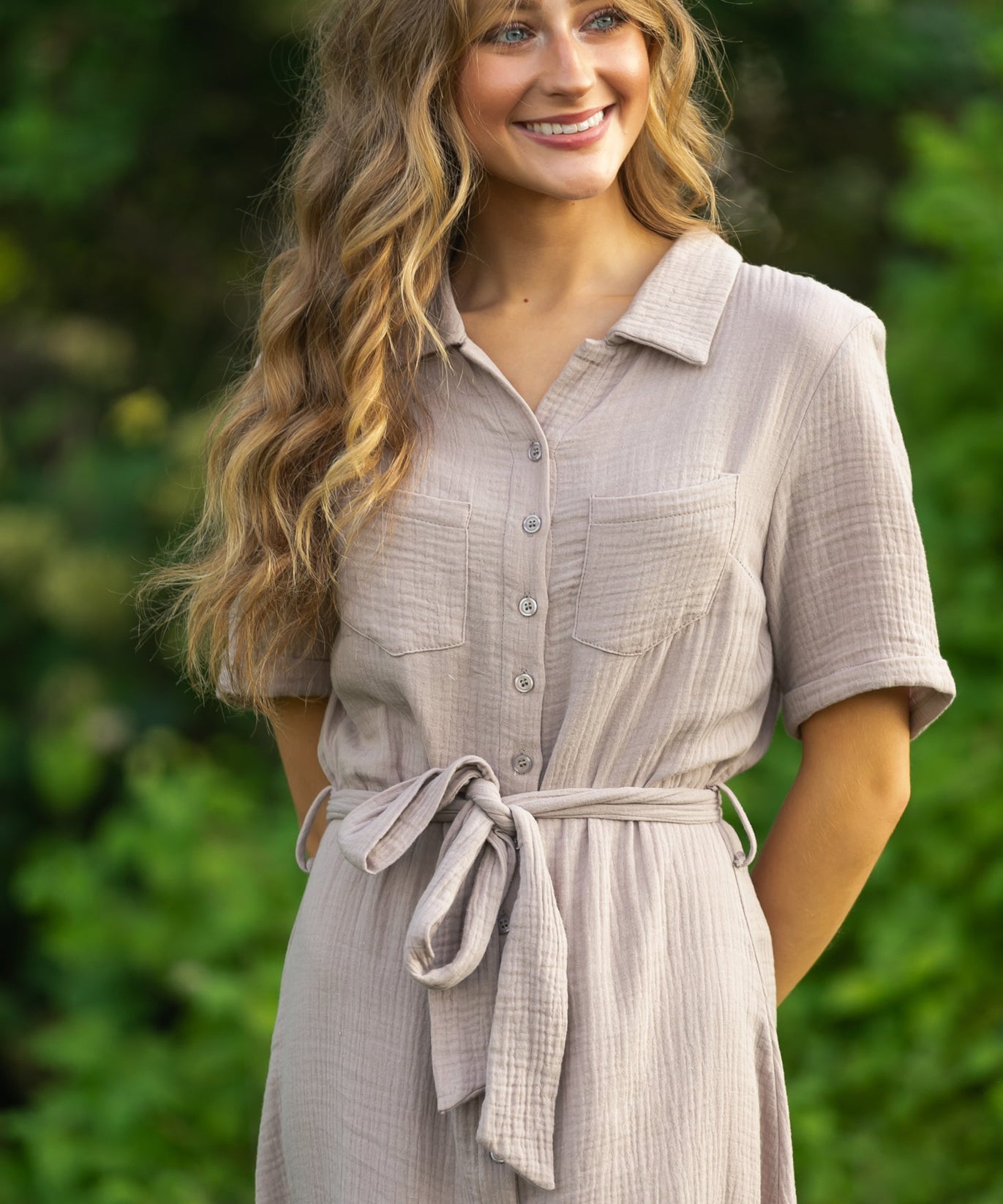 Essential Taupe Short Sleeve Gauze Shirt Dress