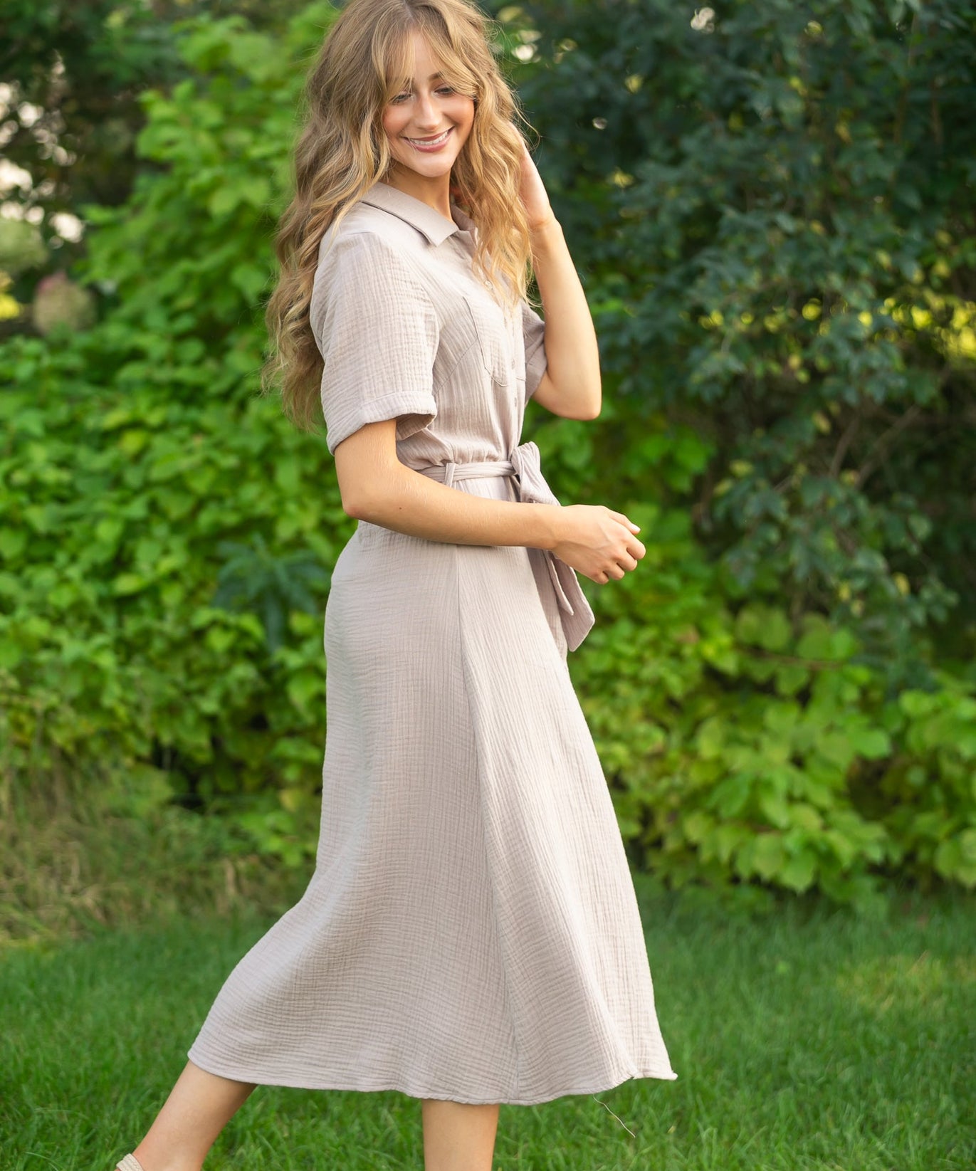 Essential Taupe Short Sleeve Gauze Shirt Dress