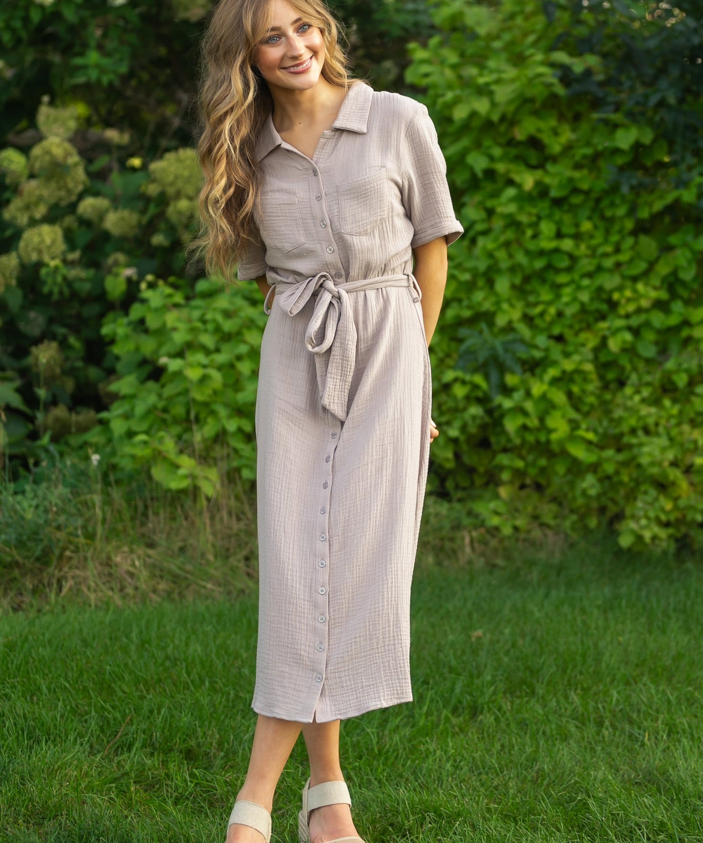 Essential Taupe Short Sleeve Gauze Shirt Dress