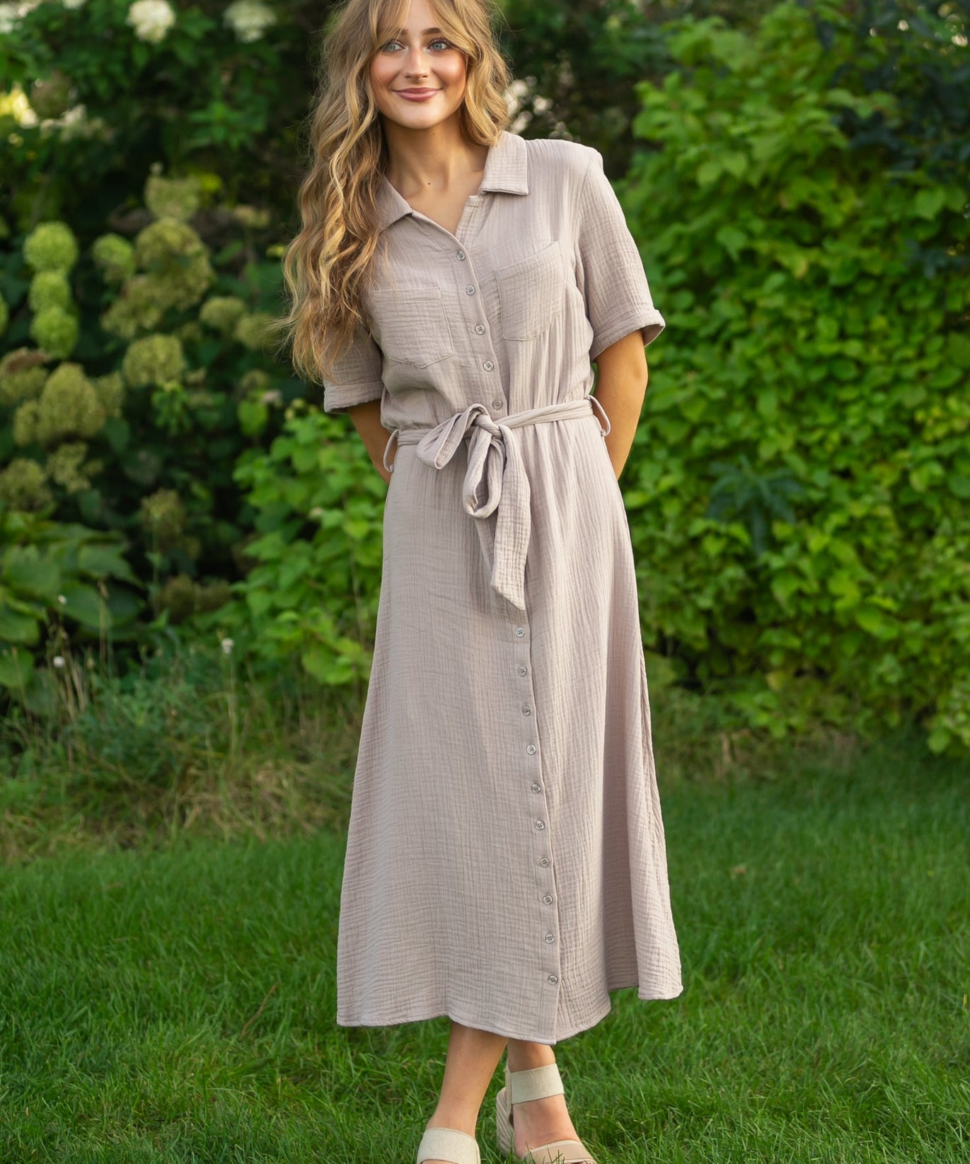 Essential Taupe Short Sleeve Gauze Shirt Dress