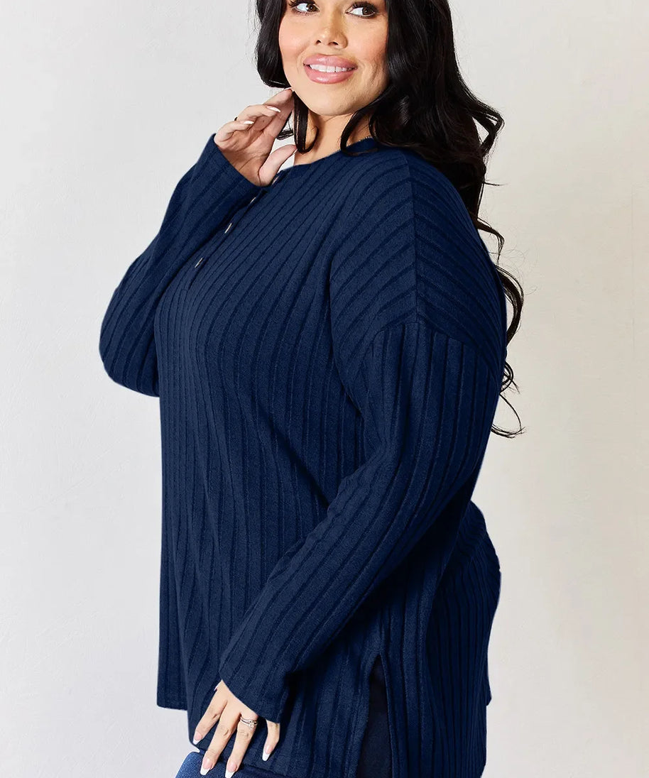 Basic Bae Full Size Ribbed Half Button Long Sleeve High-Low T-Shirt
