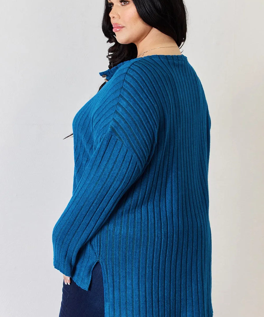 Basic Bae Full Size Ribbed Half Button Long Sleeve High-Low T-Shirt