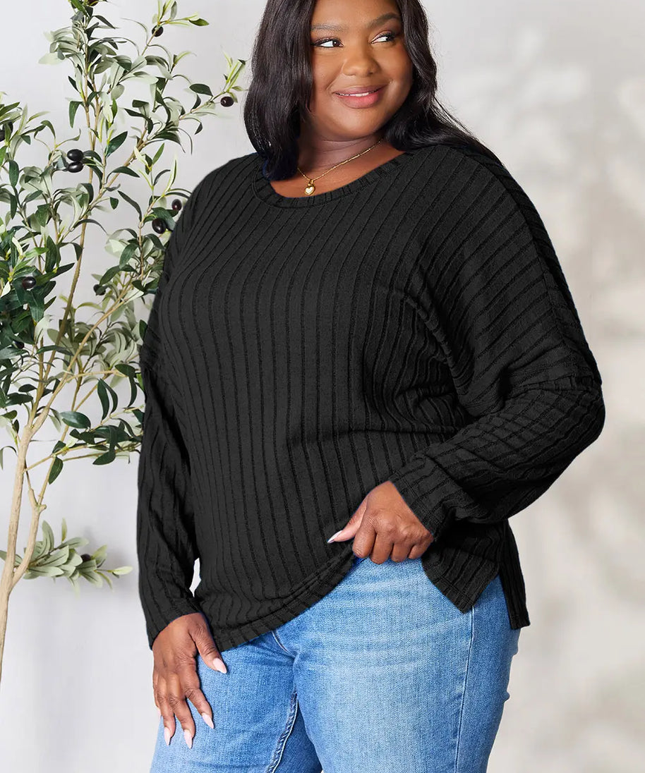 Basic Bae Full Size Ribbed Round Neck Slit Knit Top
