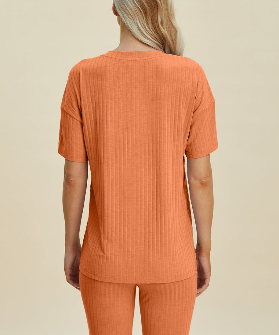 Basic Bae Full Size Ribbed V-Neck Short Sleeve Top and Shorts Set