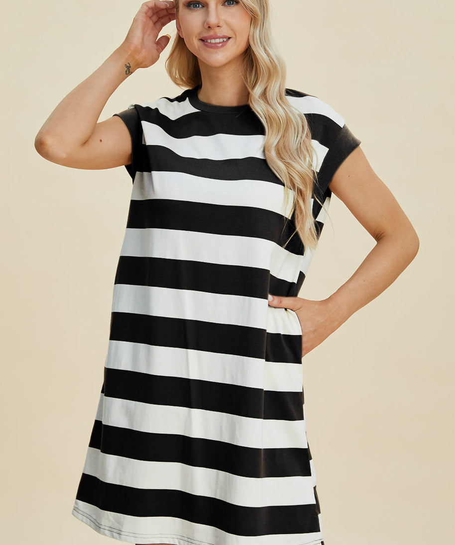 Basic Bae Full Size Striped Round Neck Cap Sleeve Mini Dress