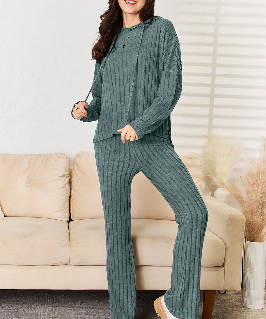Basic Bae Full Size Ribbed Drawstring Hooded Top and Straight Pants Set