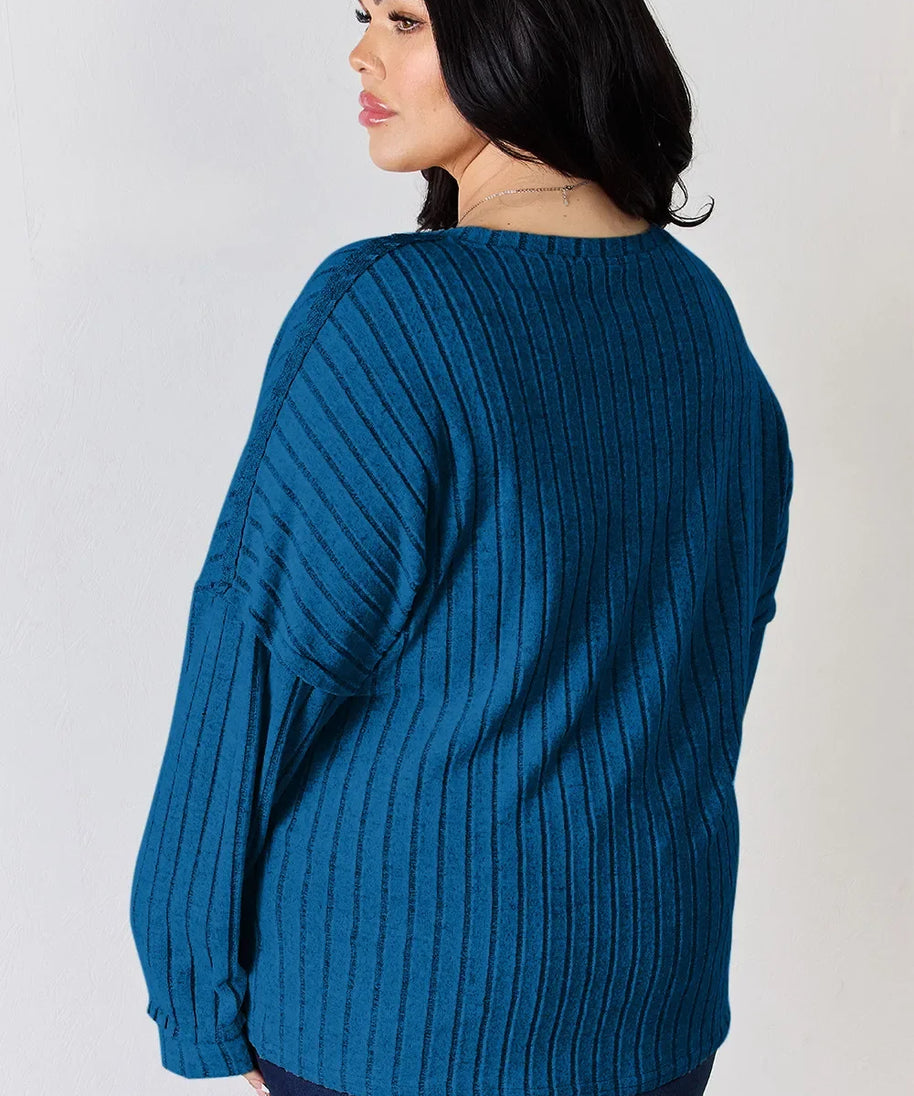 Basic Bae Full Size Ribbed Half Button Long Sleeve T-Shirt