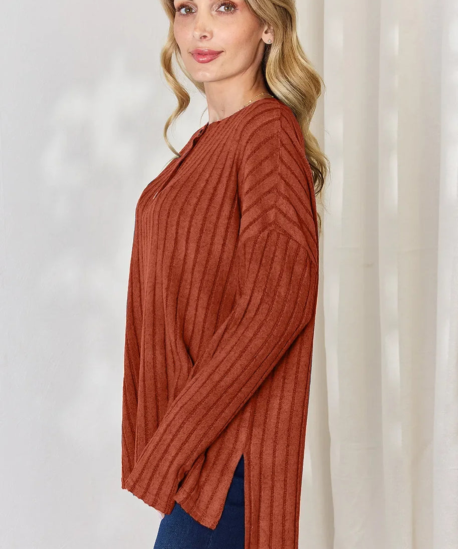 Basic Bae Full Size Ribbed Half Button Long Sleeve High-Low T-Shirt
