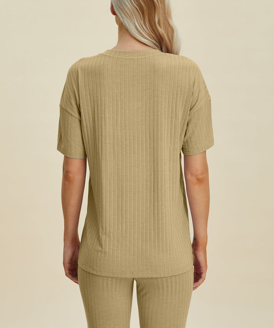 Basic Bae Full Size Ribbed V-Neck Short Sleeve Top and Shorts Set