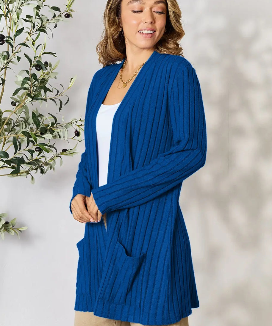 Basic Bae Full Size Ribbed Open Front Cardigan with Pockets