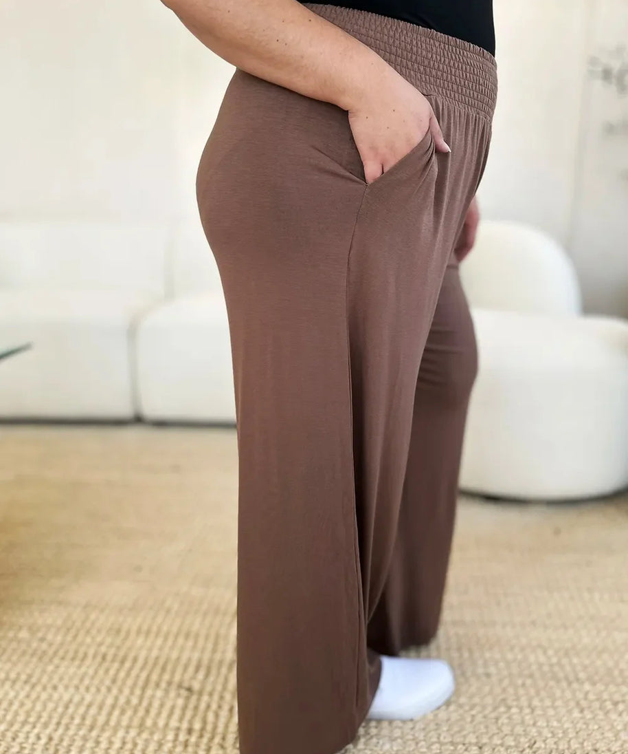 Basic Bae Full Size Smocked Wide Waistband Wide Leg Pants