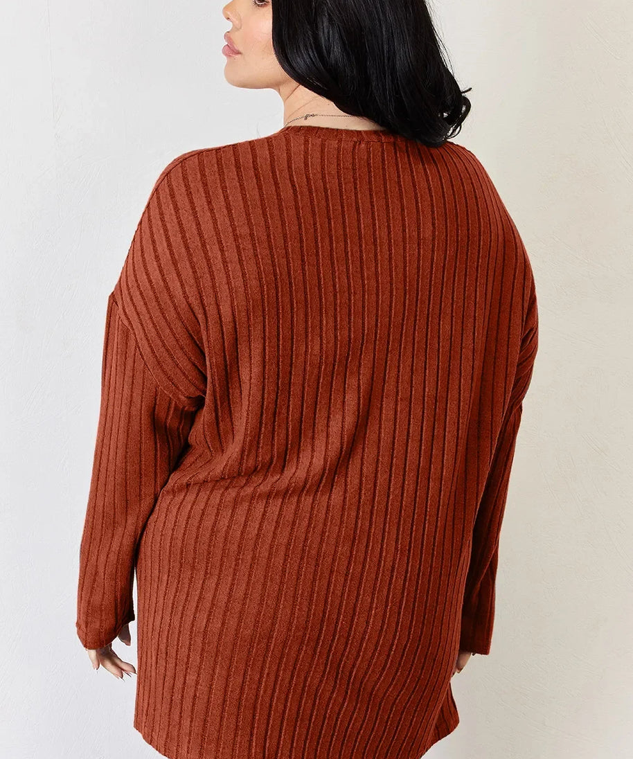 Basic Bae Full Size Ribbed Half Button Long Sleeve High-Low T-Shirt