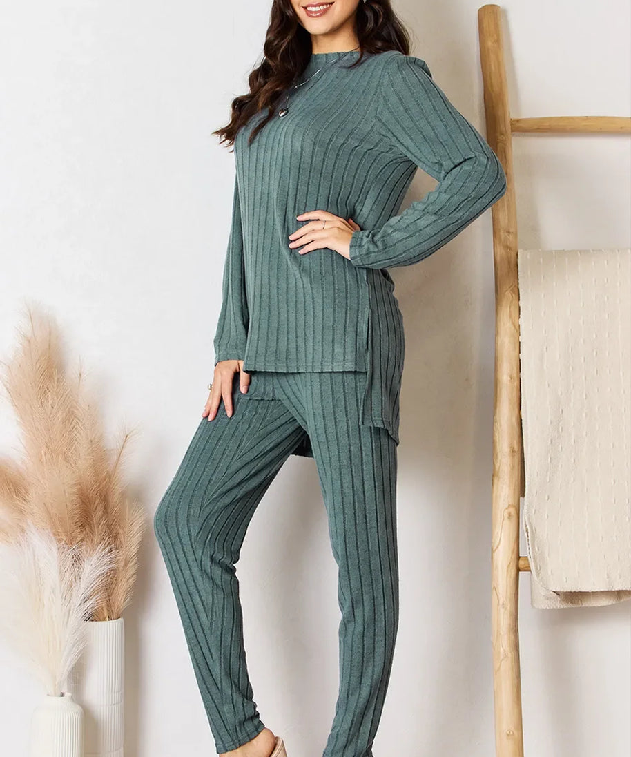 Basic Bae Full Size Ribbed Round Neck High-Low Slit Top and Pants Set