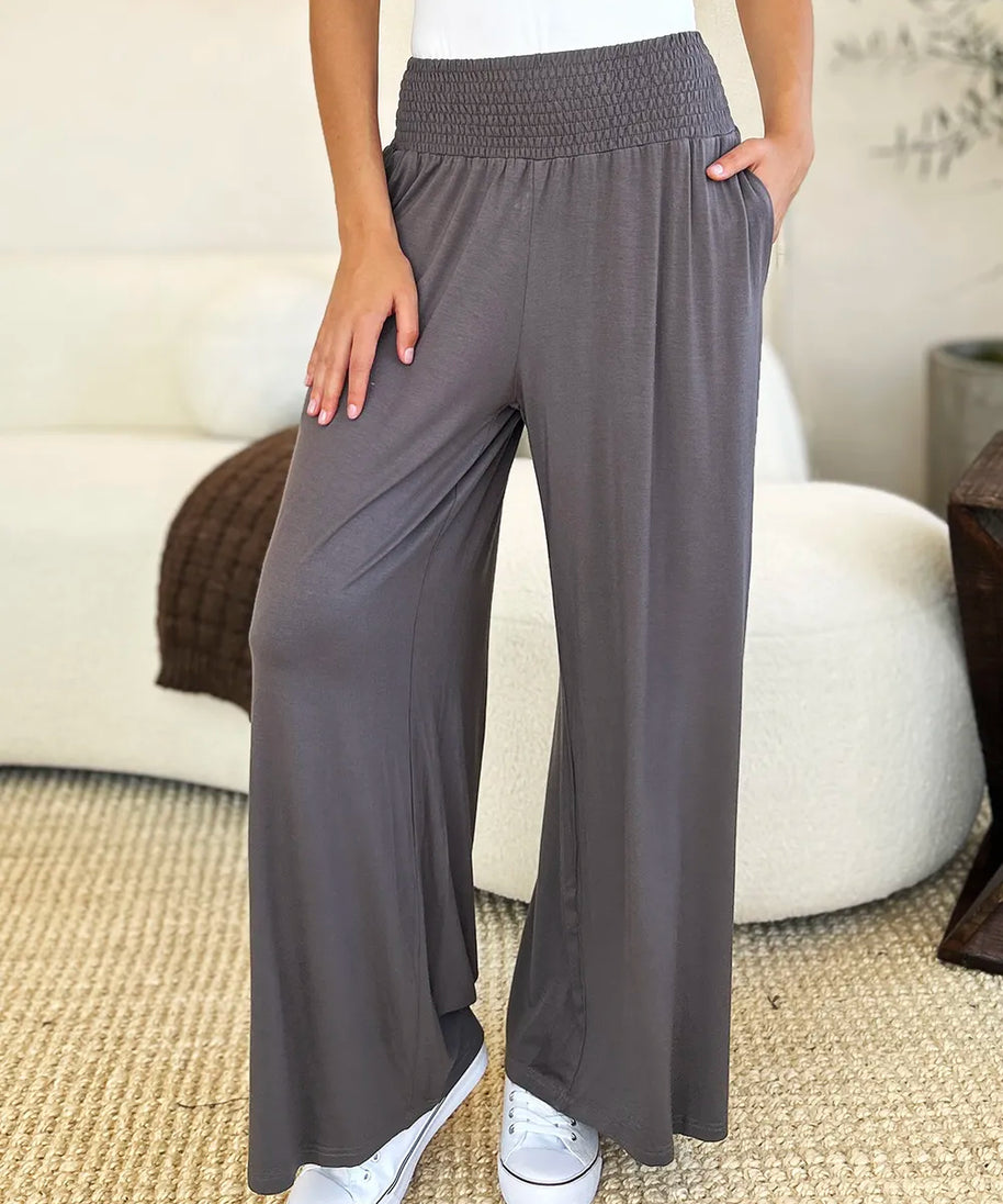 Basic Bae Full Size Smocked Wide Waistband Wide Leg Pants