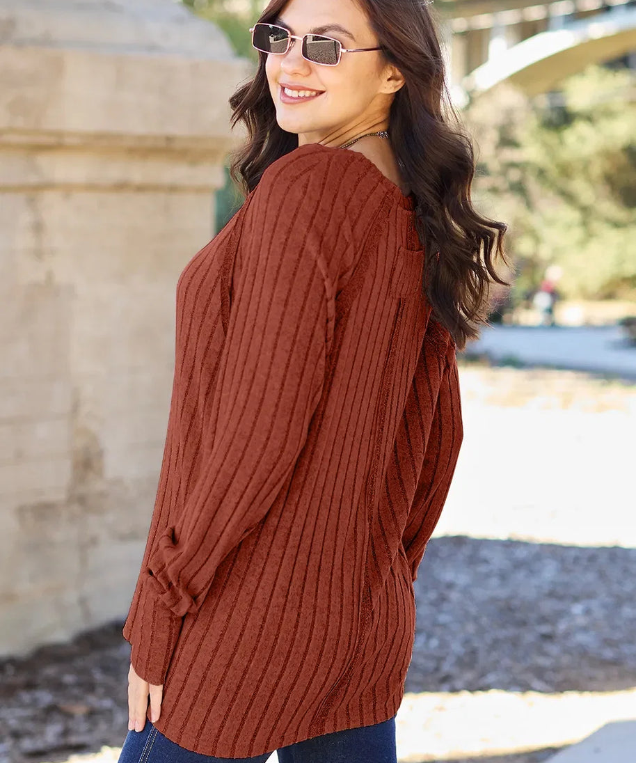Basic Bae Full Size Ribbed Round Neck Long Sleeve Knit Top