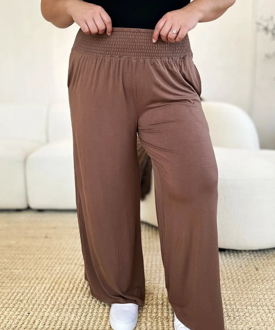 Basic Bae Full Size Smocked Wide Waistband Wide Leg Pants