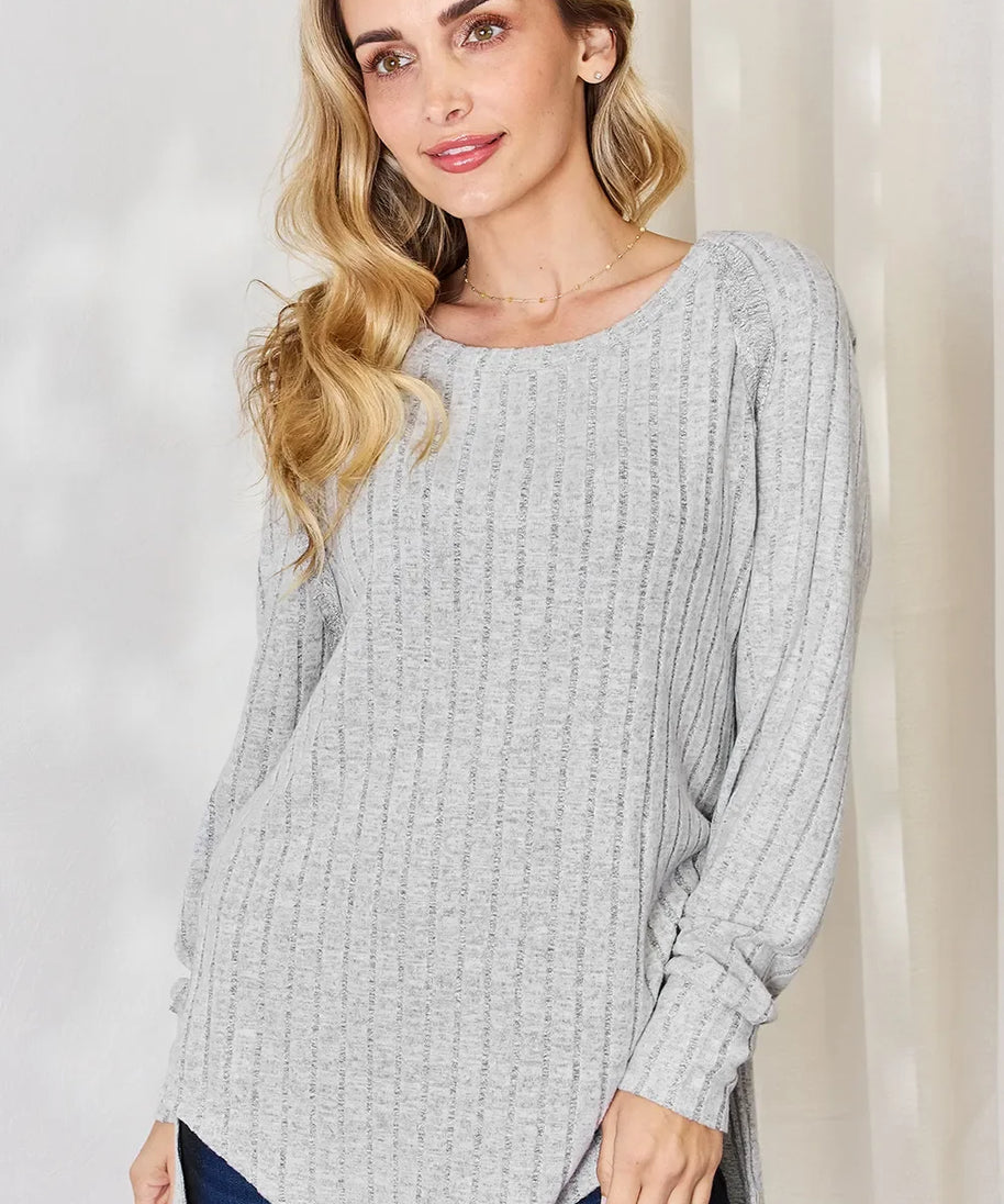 Basic Bae Full Size Ribbed Round Neck Slit T-Shirt