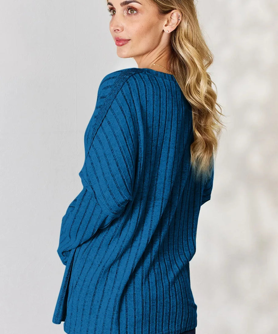 Basic Bae Full Size Ribbed Half Button Long Sleeve T-Shirt