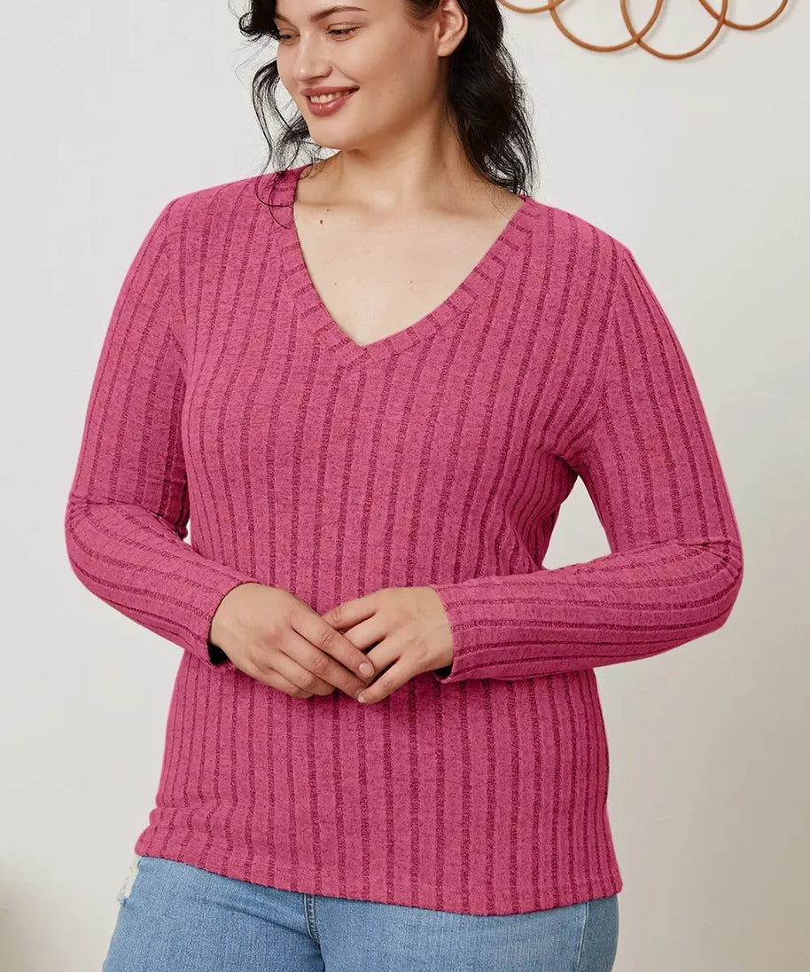 Basic Bae Full Size Ribbed V-Neck Long Sleeve T-Shirt