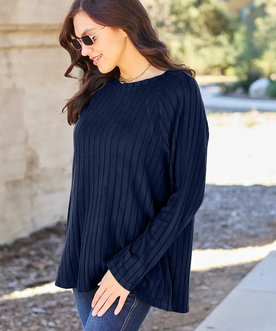 Basic Bae Full Size Ribbed Round Neck Long Sleeve Knit Top