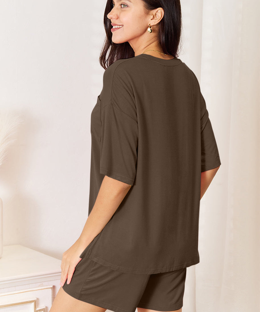 Basic Bae Bamboo Full Size Round Neck Drop Shoulder T-Shirt and Shorts Set