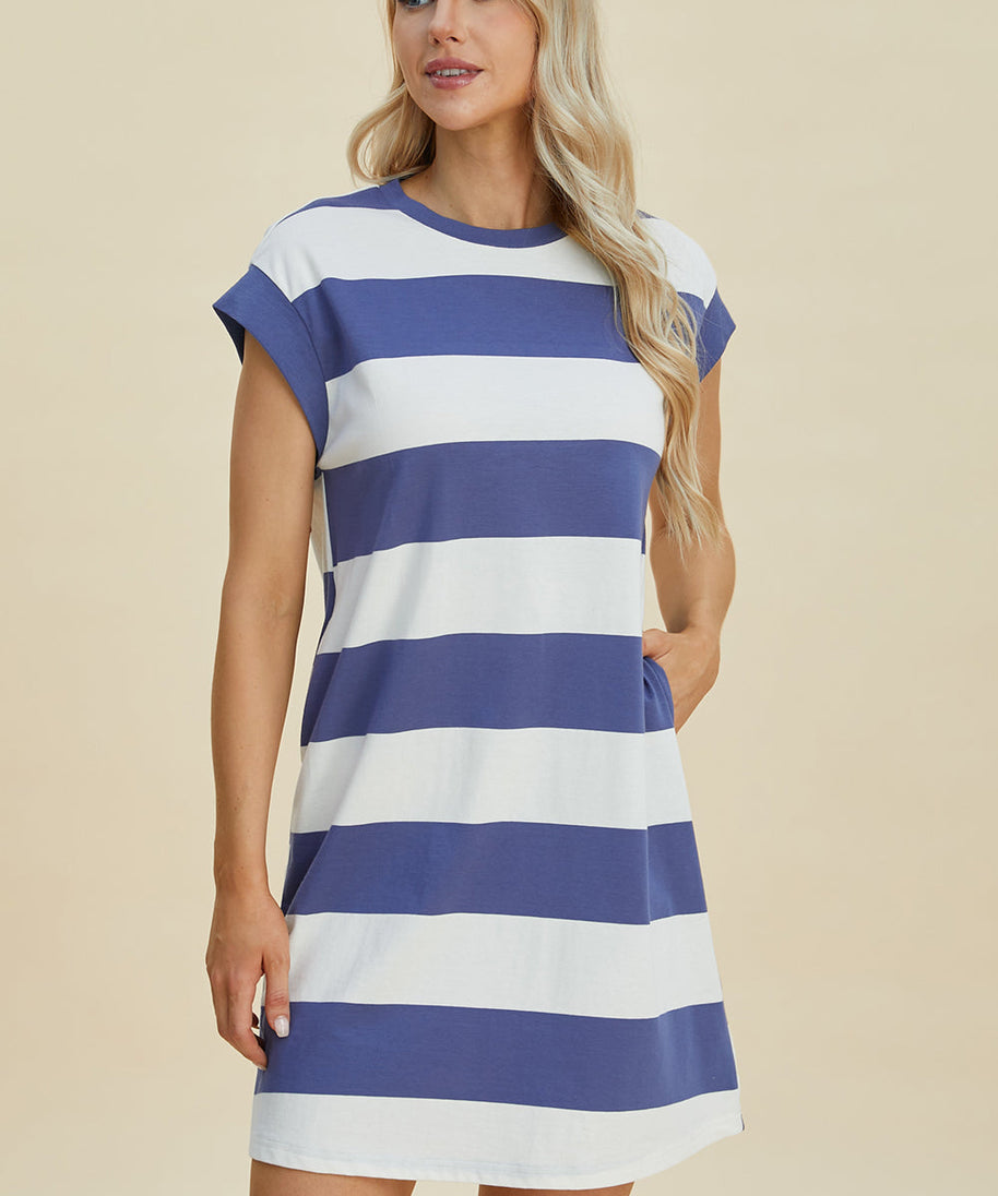 Basic Bae Full Size Striped Round Neck Cap Sleeve Mini Dress