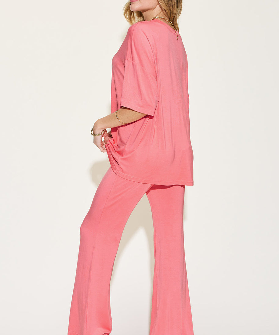 Basic Bae Full Size Bamboo Drop Shoulder T-Shirt and Flare Pants Set