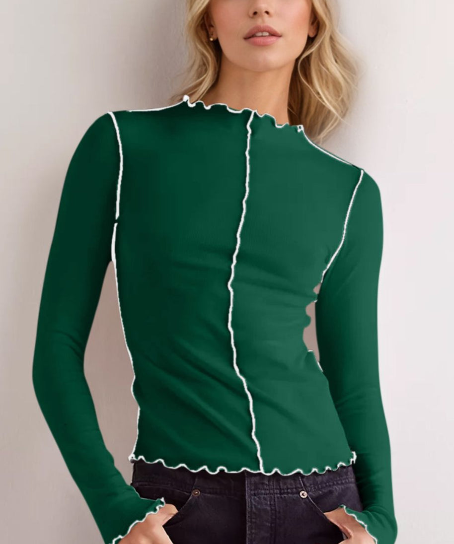 Basic Bae Contrast Trim Mock Neck Long Sleeve T-Shirt
