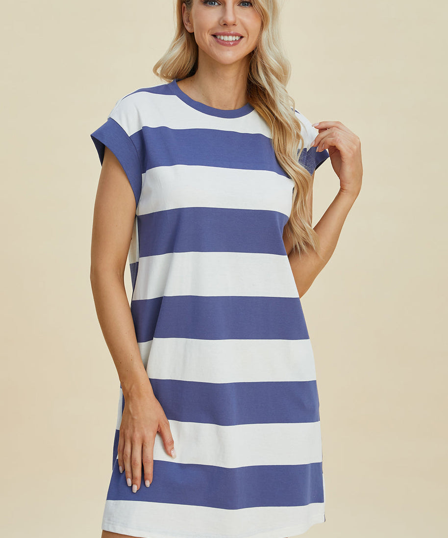 Basic Bae Full Size Striped Round Neck Cap Sleeve Mini Dress