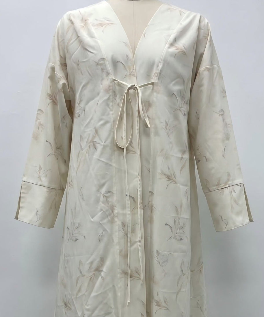Floral Bird Print Satin Open Abaya(MOA322)