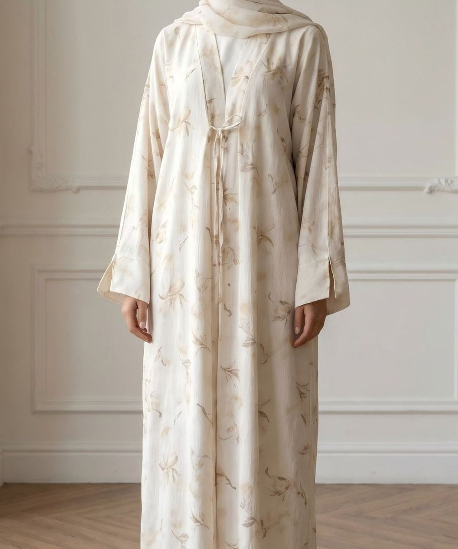 Floral Bird Print Satin Open Abaya(MOA322)