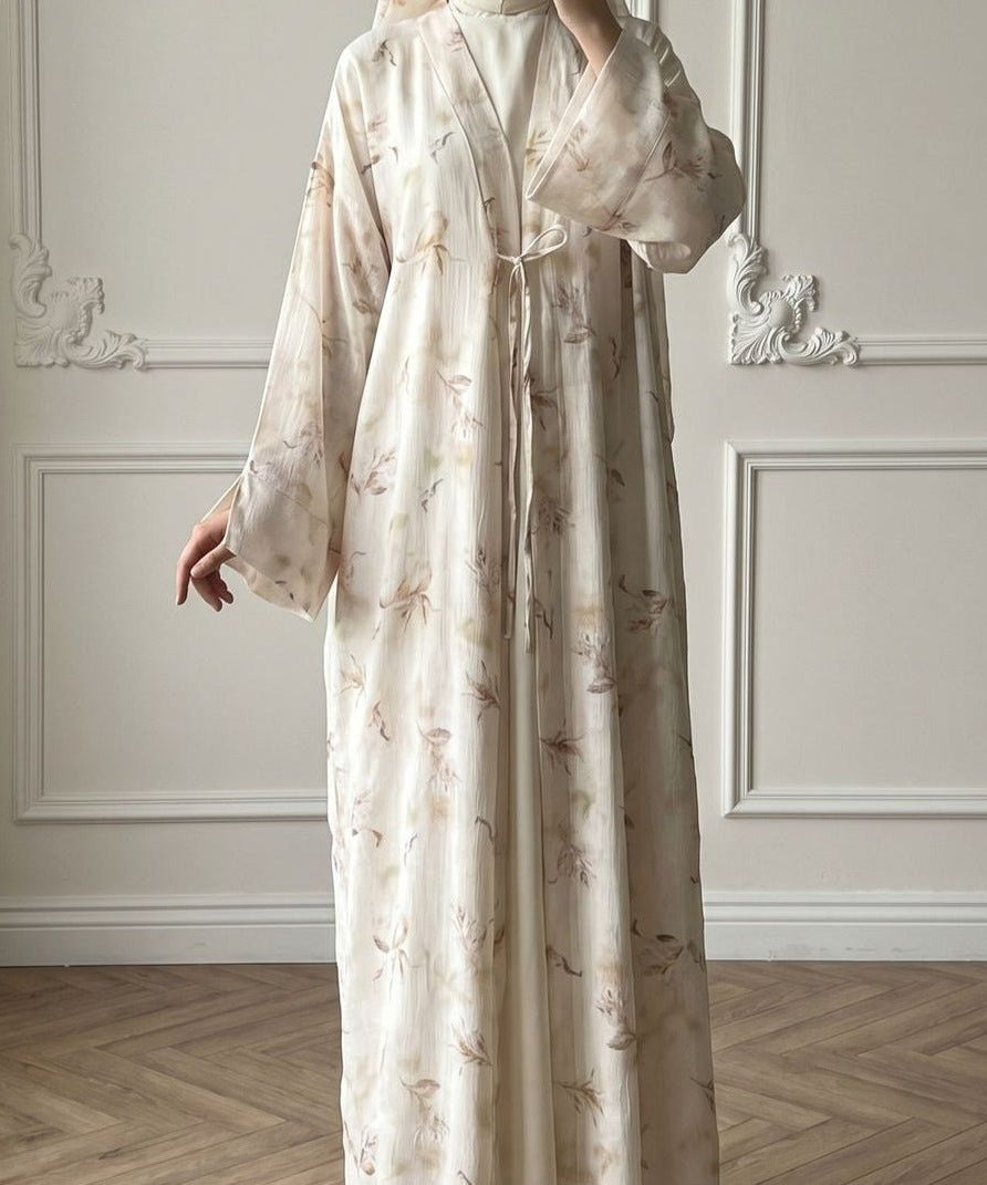 Floral Bird Print Satin Open Abaya(MOA322)